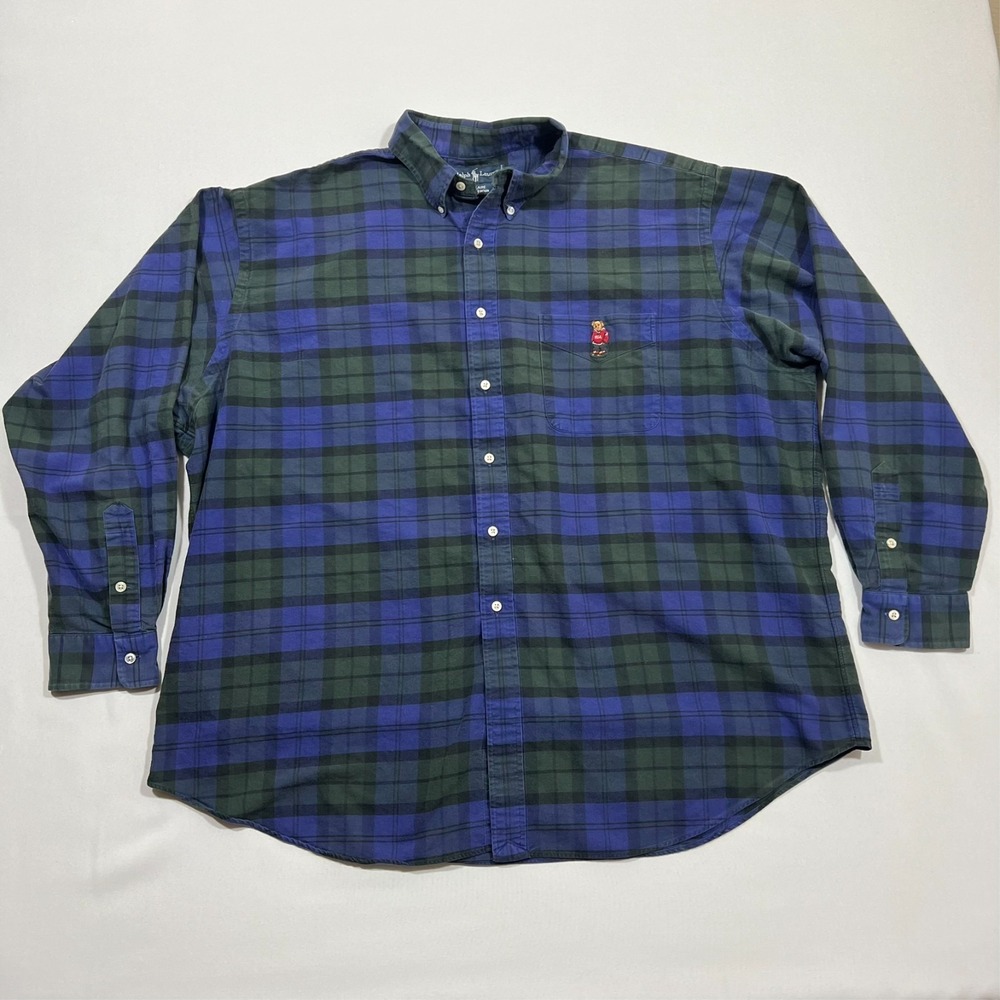 Vintage Ralph Lauren Polo Bear Plaid Flannel Shirt Hip Hop Preppy 90s Men's XXL